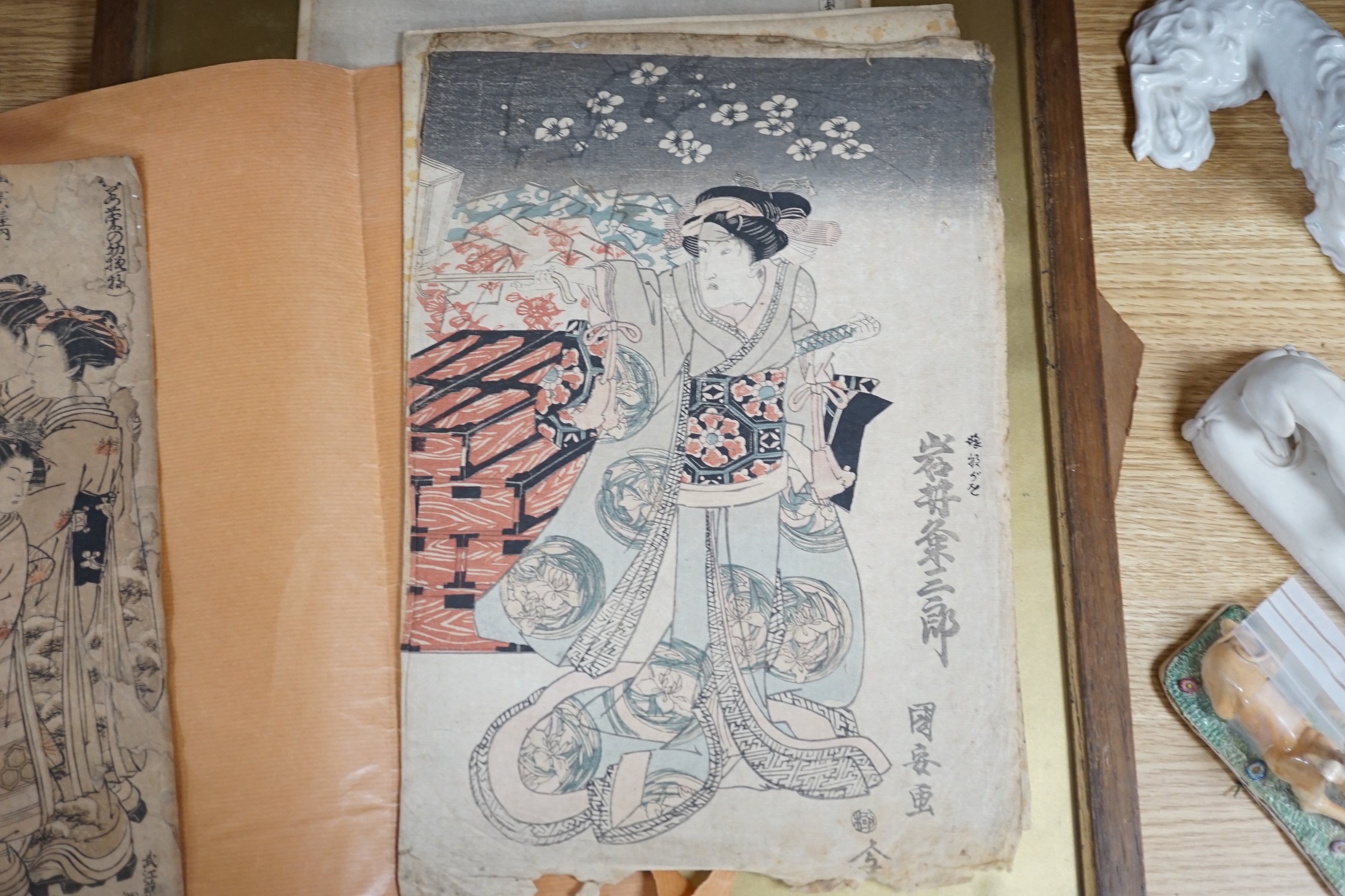 Japanese School, four assorted woodblock prints including Koryusai and Hiroshige, largest 39 x 25cm, four unframed